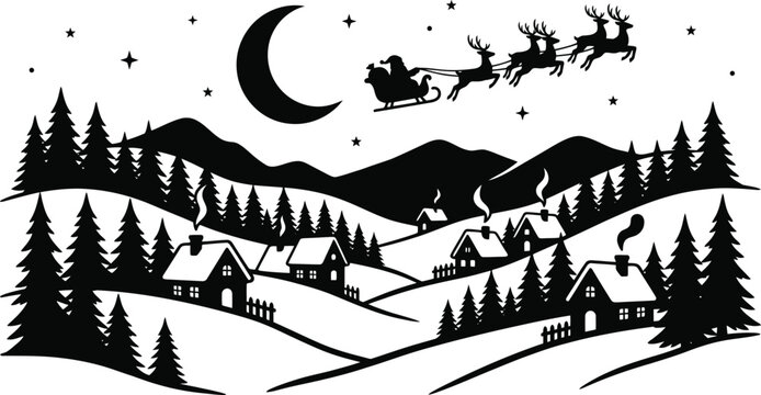 christmas village landscape with santa claus sleigh and reindeer silhouette vector graphic element isolated on white background