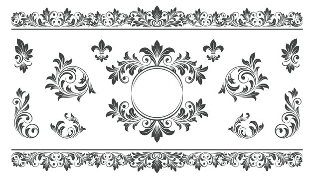 Vintage collection of ornate black damask floral patterns, corner elements, and scroll borders on a white background.