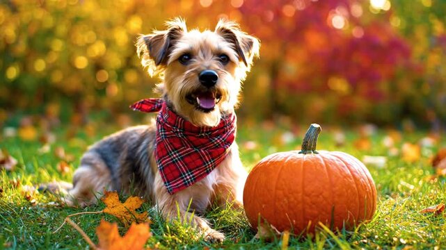 Small dog wearing plaid bandana with pumpkin in autumn park