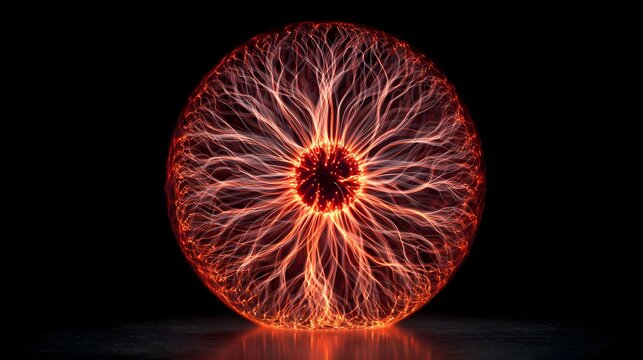 Glowing orb of magnetic energy with radiating red fibers on dark background with composed millions levitating radiating central point point set