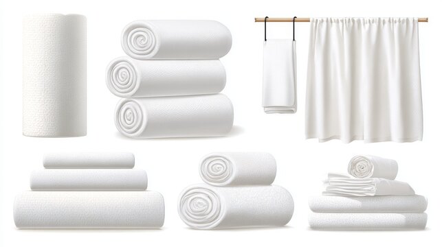 Soft white bath towel set displayed in various arrangements rolled, stacked, folded, and hanging, crisp clean isolated vector style