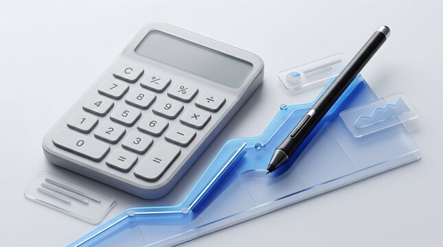 Calculator and stylus on blue graph with data charts