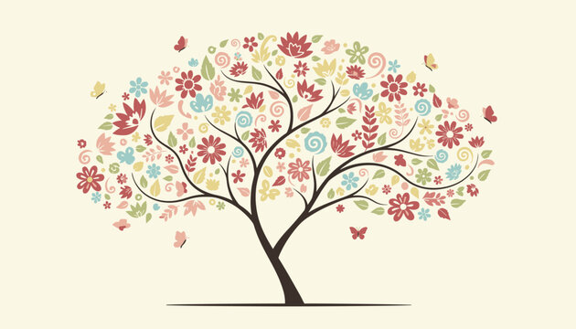 Beautiful blooming spring tree illustration with branches covered in colorful flowers and flying butterflies.