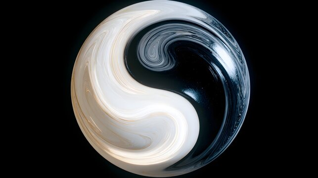 Swirling yin yang orb with marbled white black with depicts mesmerizing abstract orb featuring swirling mix white set against stark black background