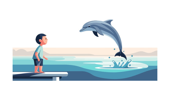 Boy watches dolphin jump from water on sunny day.