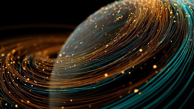 Glowing interconnected data sphere with swirling lines with depicts abstract glowing sphere composed interwoven lines communication technology
