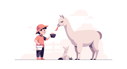 Fototapeta premium Child Feeding Llama and Baby Llama on White Background.