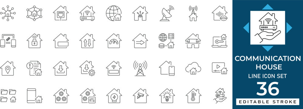Communication house line icon set featuring smart home connection, network, and remote work symbols. Editable outline vector elements for mobile app UI UX design.