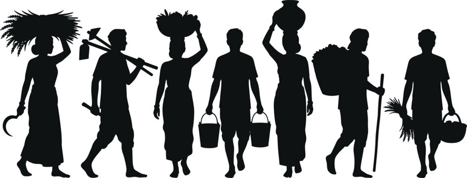 group of farmers agricultural workers men and women carrying crops and tools black silhouette vector isolated on white background