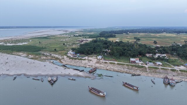 Aerial View of River Boats and Rural Landscape in Bangladesh
