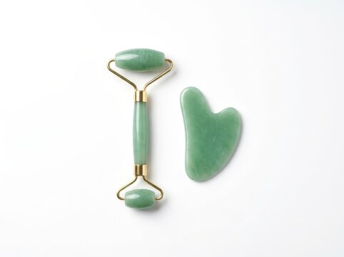 Jade Face Roller and Gua Sha Stone on White Background