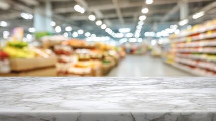 Fototapeta premium Smooth white marble table surface in sharp focus with blurred grocery store interior, bright bokeh lights in background, clean mockup template for product display