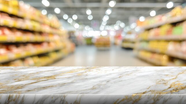Marble counter surface isolated with defocused supermarket shelves and golden bokeh, bright spacious perspective for template design