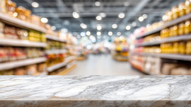 Marble counter surface isolated with defocused supermarket shelves and golden bokeh, bright spacious perspective for template design