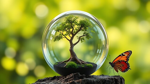 Glass globe containing a young tree and butterfly, symbolizing nature and growth.