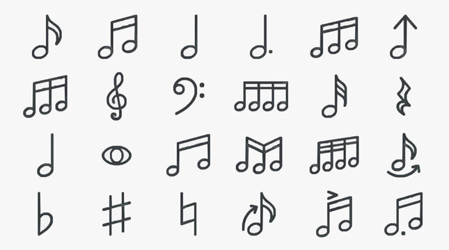 Modern Black and White Musical Notes and Symbols Icons Set for Design Projects and Digital Media