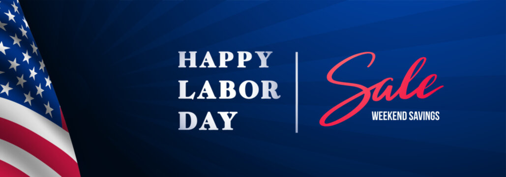 Vibrant design celebrates Labor Day with bold text and rich colors. American flag elements enhance theme, while sale announcement adds excitement and urgency.