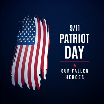 Patriot Day design features American flag with bold strokes, honoring fallen heroes. Strong colors evoke remembrance and unity, reflecting national pride.