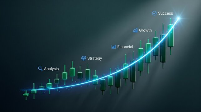 Financial candlestick chart with growth trend with analysis strategy financial line labels analysis chart rising visualization investment with statistics