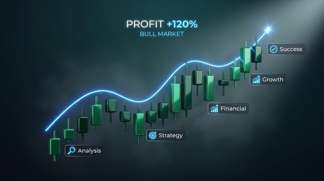 Profitable bull market with 120 percent growth with depicts financial candlestick candlestick chart showing visualization investment statistics