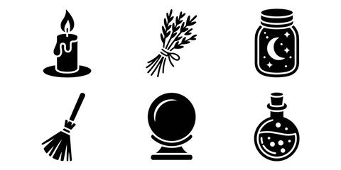 Naklejka premium Witch Magic Icons Clipart Set with Candle, Broom, Crystal Ball, Potion and Moon Jar
