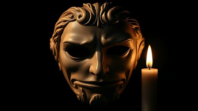 Janus mask with two contrasting expressions illuminated by flickering candlelight.