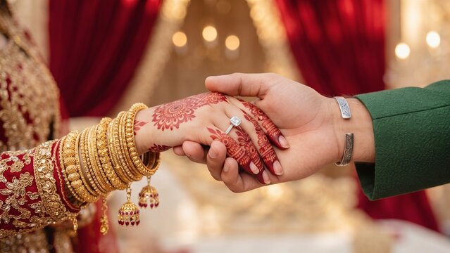 Close-up of South Asian Bride and Groom Holding Hands During Wedding Ceremony abstract background with flowing shapes and lines