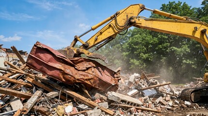 Fototapeta premium Excavator Arm Lifting Twisted Sheet Metal From Demolition Rubble