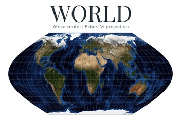 World Map in Eckert VI projection. Africa centered. High detail physical map. Elliptical outline. April View. Elements of this image furnished by NASA. © Eugene Ga