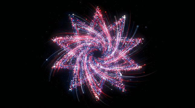 Abstract complex starshaped fractal pattern made of glowing red, white, and blue light particles and trails