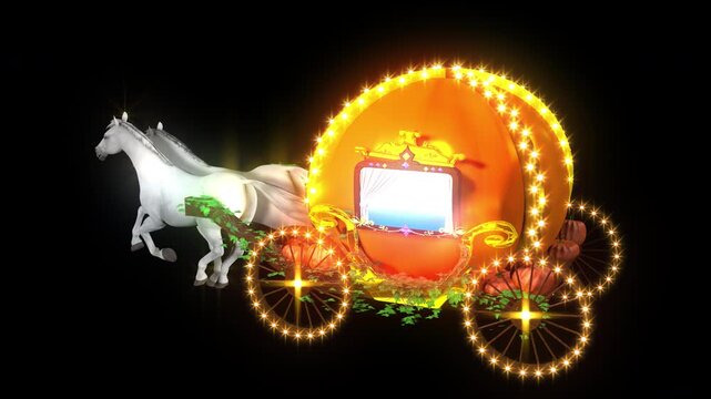 電飾で装飾された大きいオレンジのかぼちゃの馬車を白馬が曳く、4K画質、背景透過のループ映像素材