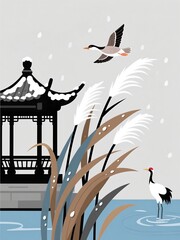 Fototapeta premium Modern flat vector illustration of Bailu White Dew solar term with reeds, water pavilion, and flying crane.
