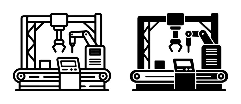 Robotic Arm Assembly Line Icons, Industrial Automation Vector Graphics, Manufacturing Process Symbols, Factory Technology Concepts