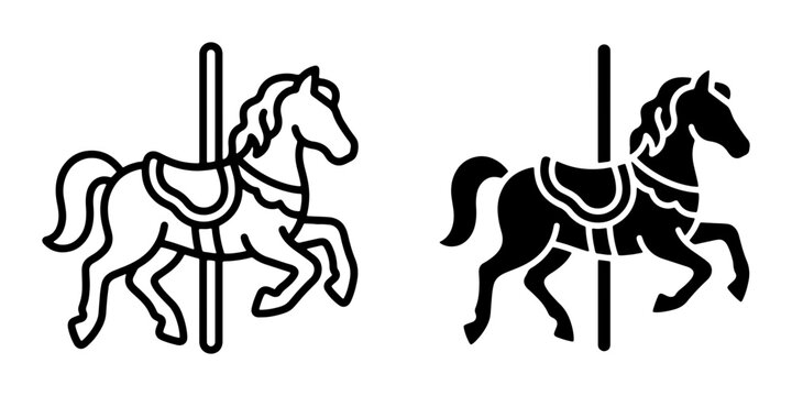 Carousel Horse Icons, Vintage Amusement Park Ride Vector Graphics, Classic Carnival Horse Silhouette, Retro Fairground Attraction, Black and White Design Elements