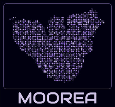 Moorea digital style map. Small roundedSquare dots on dark background. Dotted shape of the island. Moorea map and title. Creative vector illustration.