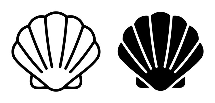 Scallop Shell Icons, Outline and Solid Fill Vector Graphics, Marine Life Symbols for Coastal Design