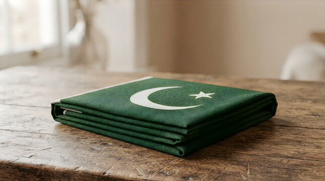 A folded flag of pakistan resting on a rustic wooden table