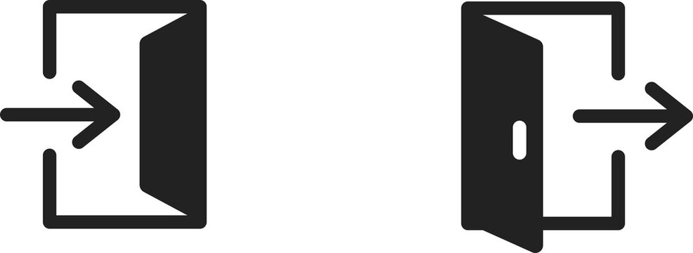 Black minimalist line art icons of login and logout symbols featuring arrows pointing into and out of open doorways for web interface navigation on a white background