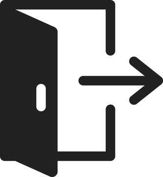 Minimalist black exit icon featuring an open door and outward arrow symbol, ideal for logout buttons, web interface navigation, and directional emergency signage graphic design