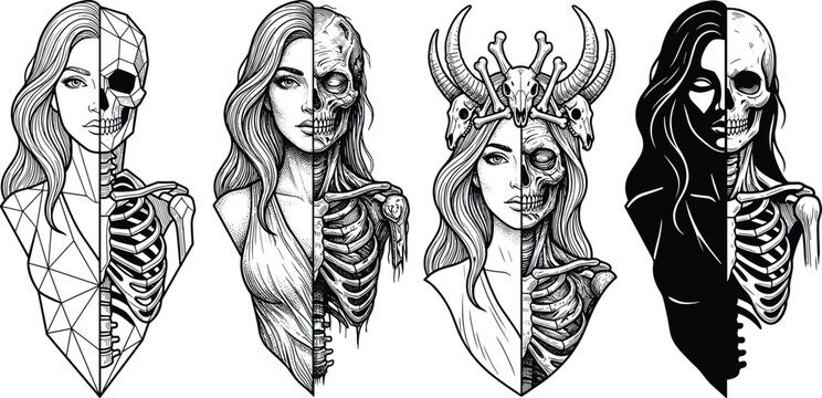 Gothic Half Face Woman and Skull Vector Set Featuring Detailed Dark Fantasy Halloween Illustrations for Tattoos, Clothing Prints, and Alternative Graphic Designs