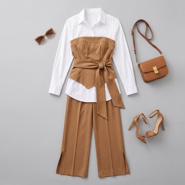 Chic Ensemble: A sophisticated and stylish outfit featuring a white button-down shirt, a tan bustier with a tie waist, matching wide-leg trousers, high-heeled sandals, sunglasses, and a crossbody bag.