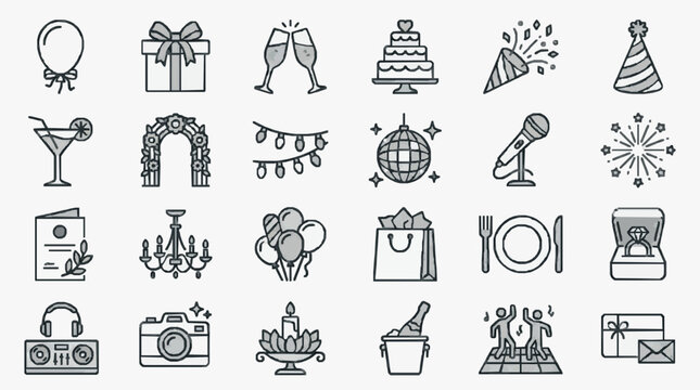 Clean Minimalist Black and White Line Icons Set of Party Celebration and Event Elements for Design Use