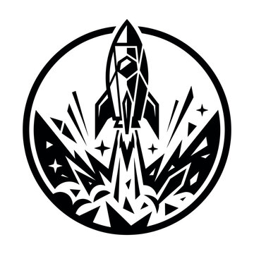 Rocket launch emblem in a circular frame with geometric abstract style vector illustration