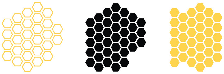 Bee honeycomb elements with hexagonal cells and natural honey themes for beekeeping, agriculture, packaging, and branding, vector, design ©                     