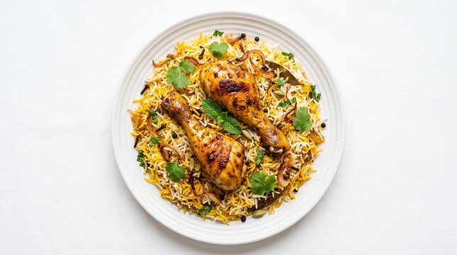 Flavorful chicken biryani with mint and cilantro, garnished with fried onions on white plate, top view.