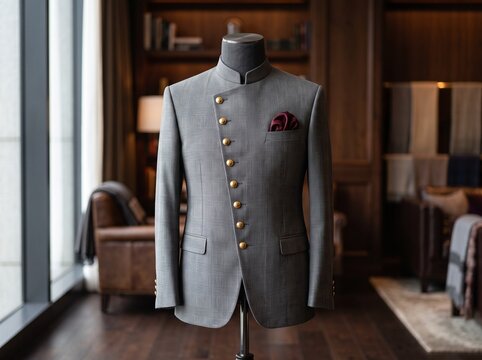 Elegant Bandhgala Suit: A meticulously tailored grey Bandhgala suit, adorned with golden buttons and a rich burgundy pocket square, stands on a mannequin in a luxurious study.