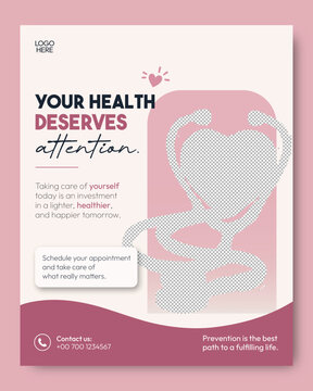 Healthcare medical flyer template with wellness clinic promotion, doctor consultation poster design, modern hospital advertisement layout for health care service marketing and preventive care
