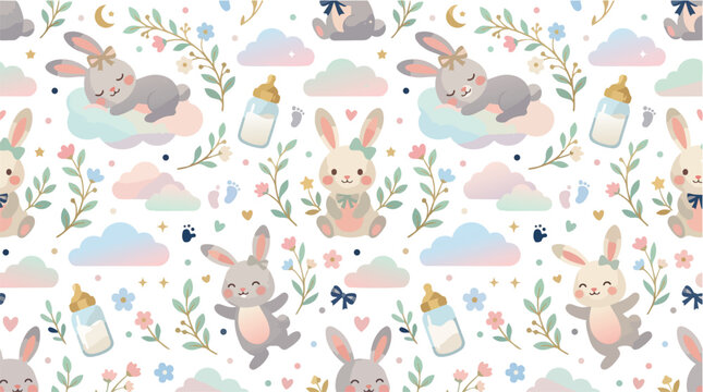 Cute baby bunny seamless pattern with nursing bottles and floral elements.