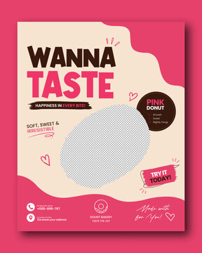Pink donut bakery promotional flyer template with modern dessert advertisement layout, sweet pastry cafe poster design, colorful food marketing banner for bakery menu and branding
