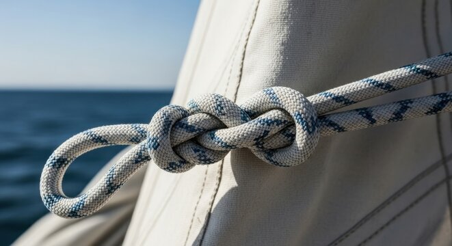A sturdy knot secures a rope to a white canvas on a sailboat